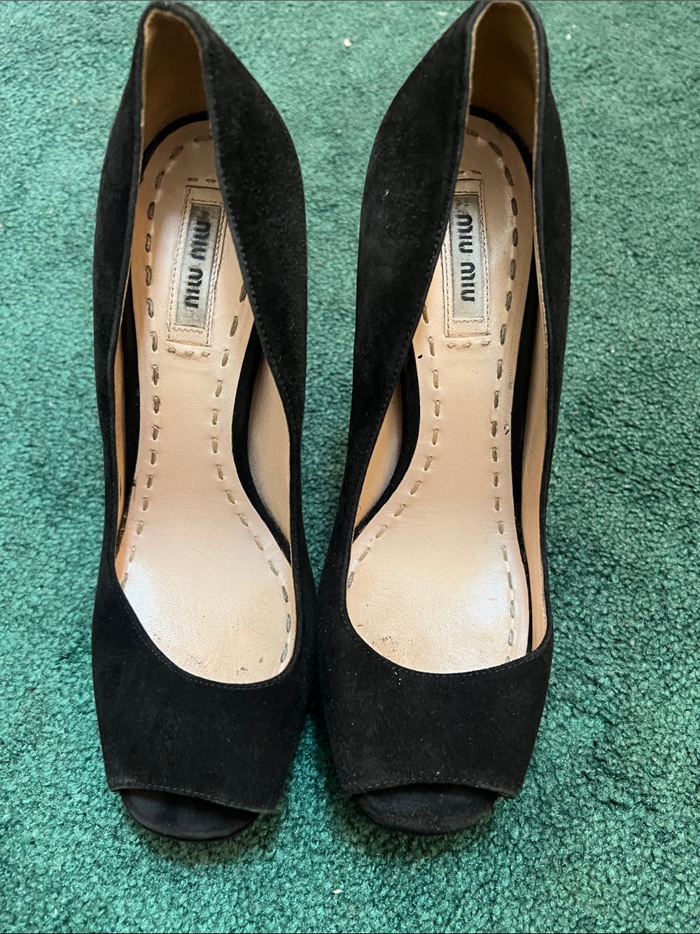 Miu Miu Black Suede Peep-Toe Pumps with Leather Insole